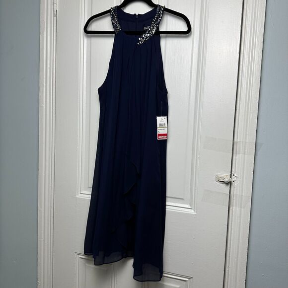 SLNY Midi Dress Womens 14 Dark Navy Blue Embellished Halter Sleeveless Party NWT - Picture 1 of 8